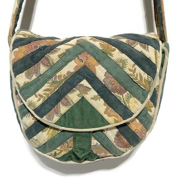 Tapestry Patchwork Crossbody Purse An Original by Rhonda Hand Sewn Green & Beige - Picture 3 of 10